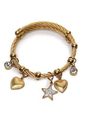 Gold Tone Twisted Cable Cuff Bangle Charm Bracelet Adjustable  Star Rhinestone